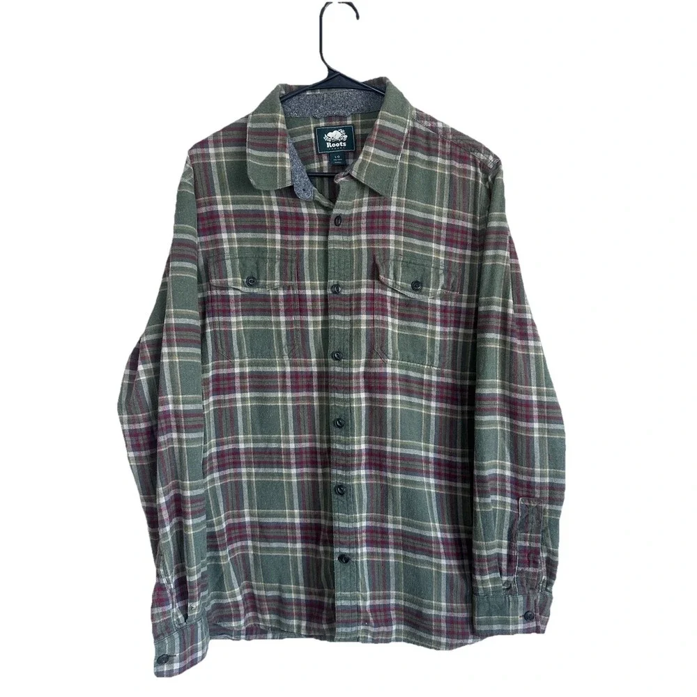 Roots Canada 100% Cotton Flannel Long Sleeve Shirt Large Green Plaid Button Up - Picture 1 of 12